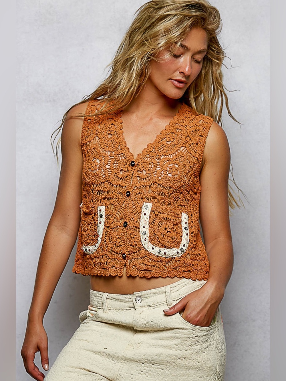 POL “ Laurel Canyon “ Crochet Vest | Pumpkin